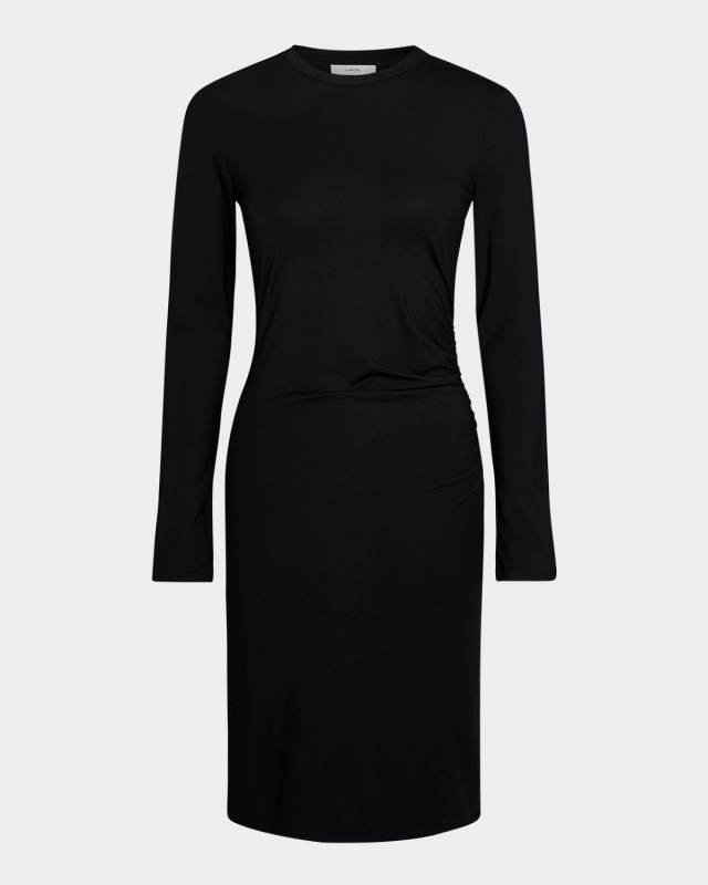 Long-Sleeve Ruched Crewneck Dress